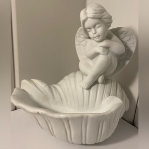 Vintage Angel Cherub figurine sitting over Shell bowl White bisque porcelain